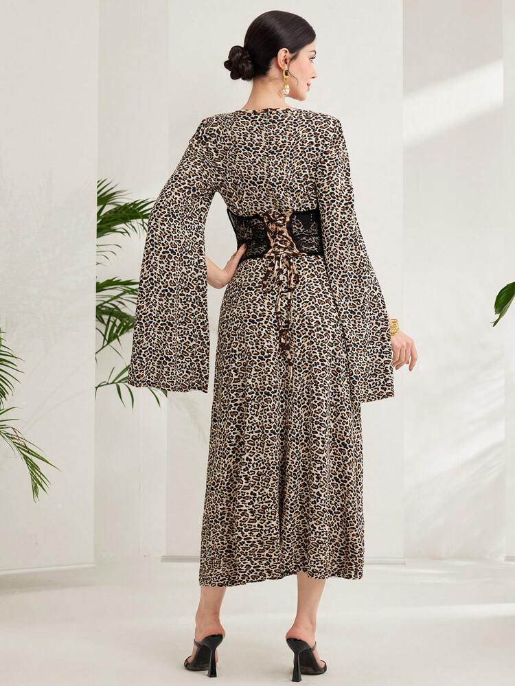 Women Leopard Print Floral Square Neck Bell Sleeve Fashion Dress Fall Cloth For Women