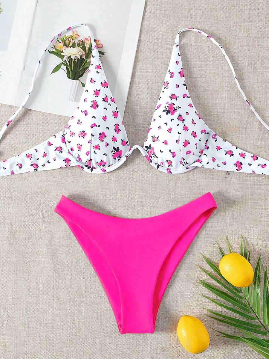 Swim Mod Phụ Nữ Đi Biển Mùa Hè In Hoa Dây Cổ Bikini Trên Và Dưới Bộ Bikini Tắm - Màu Hồng Tươi - Xem 1