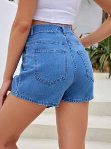 SHEIN Schwangerschaftsmoderne und lässige gestreifte asymmetrische Stretch-Denim-Shorts mit Saum, Frühling und Sommer - Helle Waschung - Übersicht 2