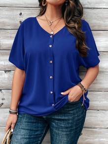 EMERY ROSE Plus Size Women's Orange Button Embellished Short Sleeve Shirt For Spring - Royal Blue - View 1