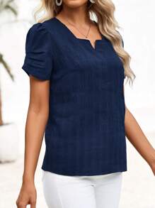 EMERY ROSE Women's Summer Short-Sleeve Notch Small V-Neck Pleated Sleeve Cuff Shirt