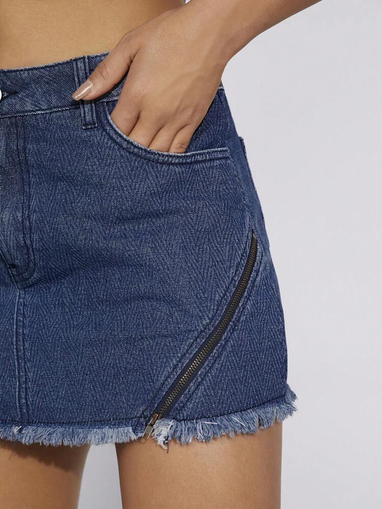 Zipper Front Side Stitch Frayed Hem Denim Skirt