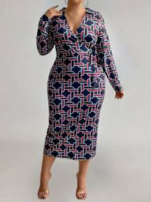 Maweii 大码女式春夏几何印花长袖紧身连衣裙，腰部系带 - 黑色 - 查看 5