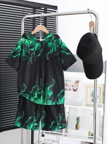 Cậu bé Tween Lỏng lẻo phù hợp Giải trí áo có mũ In Ngắn tay Áo thun Và Quần short 2 cái/bộ - màu đen - Xem 1