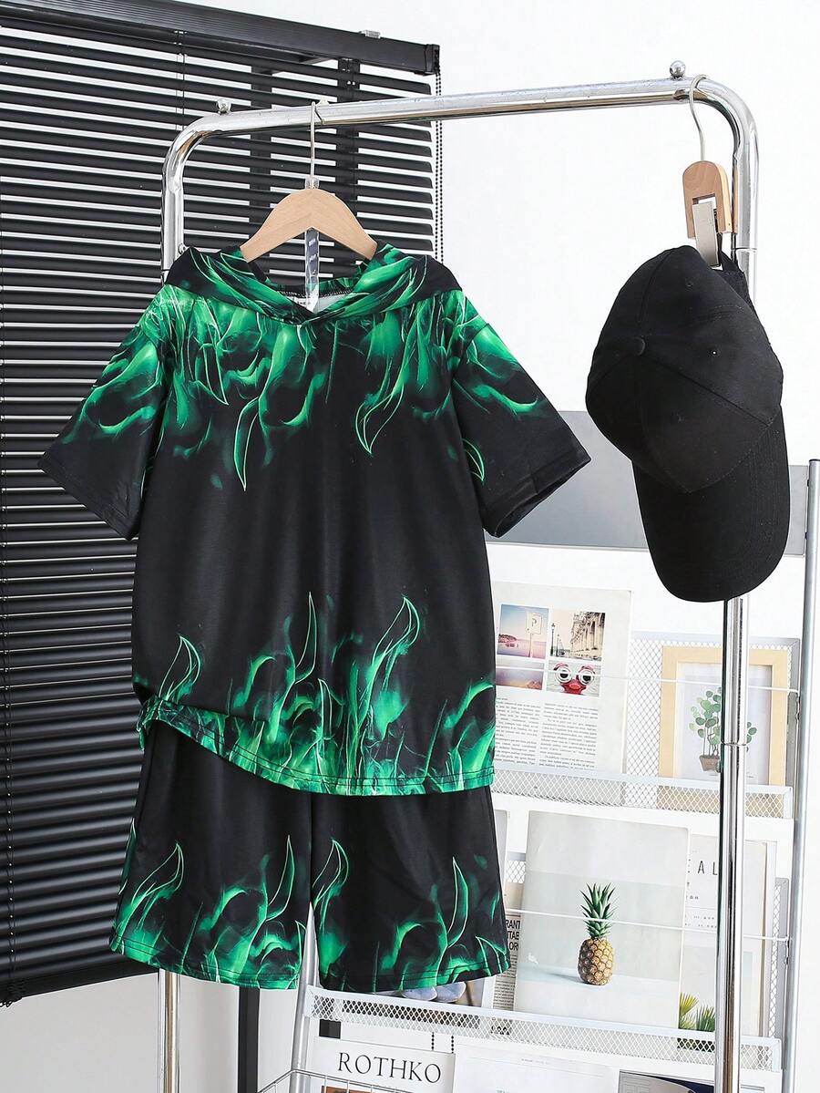 Cậu bé Tween Lỏng lẻo phù hợp Giải trí áo có mũ In Ngắn tay Áo thun Và Quần short 2 cái/bộ - màu đen - Xem 1