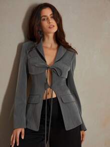 Anewsta Gray Tie Front Hollow Design Blazer - Grey - View 6