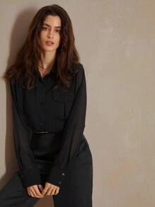 Anewsta Áo sơ mi chống nắng lưới Sheer siêu mỏng gợi cảm với thiết kế chắp vá - màu đen - Xem 3