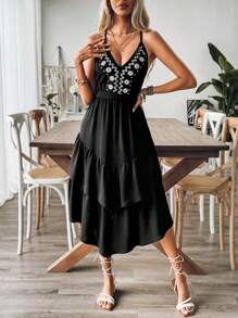 SHEIN VCAY Women Summer Floral Print Back Cross Strap Sundress - Black - View 5