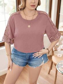 SHEIN Clasi Plus Size Cổ Tròn Màu Trơn Thường Ngày Mặc Hàng Ngày Áo Sơ Mi Tay Ngắn Cho Mùa Xuân Và Mùa Hè - Bụi hồng - Xem 4