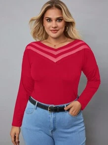 SHEIN Cottnline Women's Plus Size Red Mesh Splicing Shirt - Red - View 1