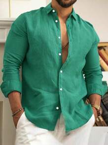 Manfinity Homme Camicia da uomo a maniche lunghe in tinta unita per taglie forti, camicia verde semplice con bottoni per uscire - Verde - Visualizzare 1