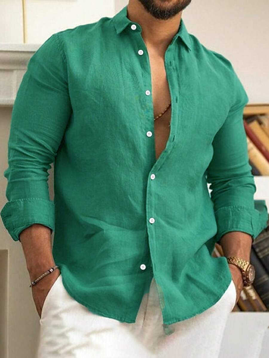 Manfinity Homme Camicia da uomo a maniche lunghe in tinta unita per taglie forti, camicia verde semplice con bottoni per uscire - Verde - Visualizzare 1