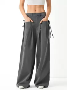 SHEIN EZwear 春夏深灰色高腰翻盖口袋侧压系带阔腿西装裤 - 灰色 - 查看 1