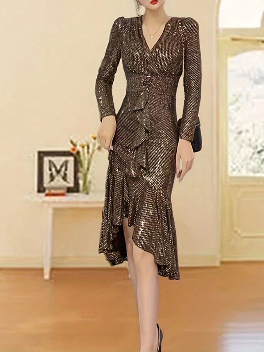 Long Sleeve Asymmetrical Sequined Fitted Elegant Cocktail Dress With Ruffle Hemline Formal Ball Gown For Women