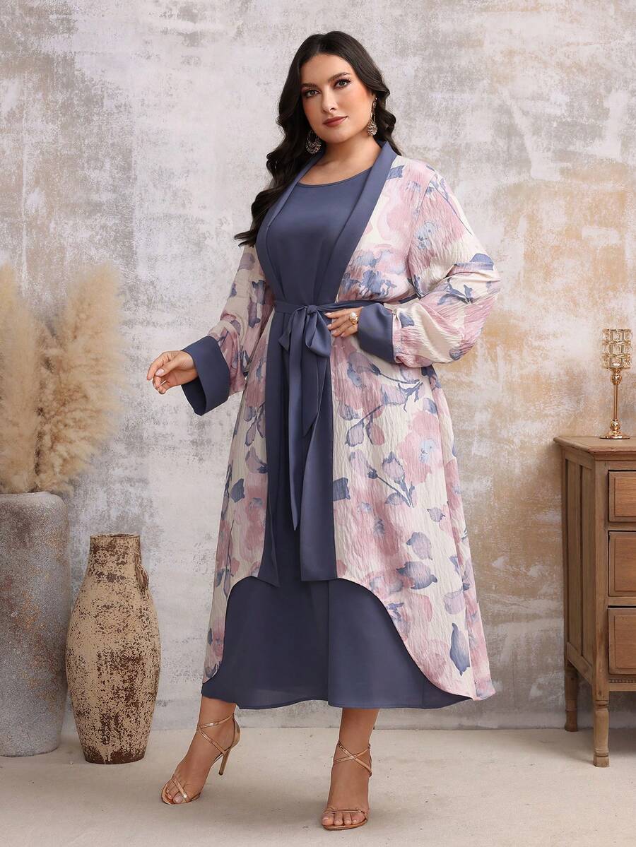 Plus Size Damska elegancka arabska odzież z losową drukowaną dekoracją paska (losowy nadruk)