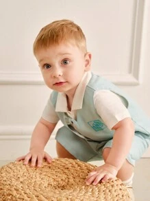 SHEIN 男宝宝夏季新款织锦轻薄透气短袖衬衫加浅绿色织锦背心短裤西装礼服三件套英伦西装绅士时尚一岁花童一岁生日婴儿三件套 - 綠色 - 查看 5