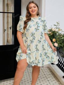 Simplee Plus Size Women Woven Printed Short Dress, Casual Wear For Vacation, 4th Of July, Polka Dot Pattern