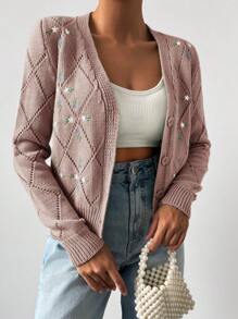 EURMUSE Floral Embroidery Pointelle Knit Cardigan - Dusty Pink - View 1