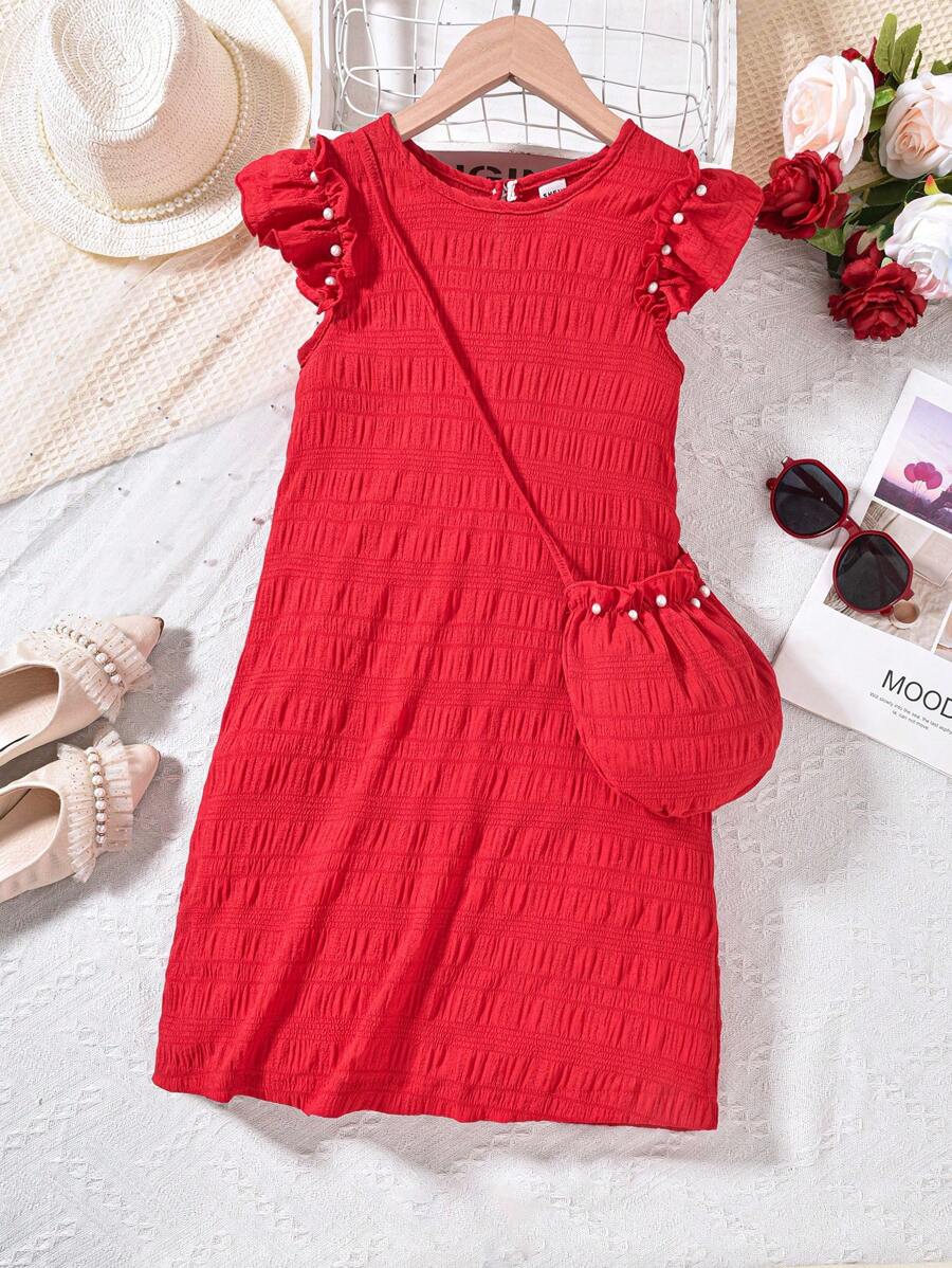 SHEIN Vestido rojo de estilo de vacaciones para niña preadolescente - Rojo - Ver 1