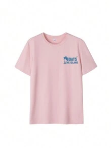 女士夏季字母棕榈树印花圆领短袖休闲 T 恤，百搭时尚，适合日常度假风格。图案 T 恤女士白色上衣黑色上衣粉色上衣 - 粉色 - 查看 4