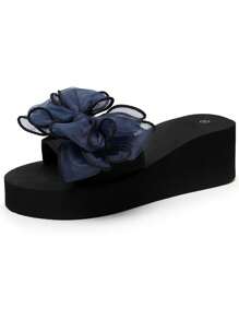 Women's Solid Color Sandals, Bowknot Decor Slip On Platform Beach Slides, Non-Slip Vacation Wedge Slides - Royal Blue - View 7