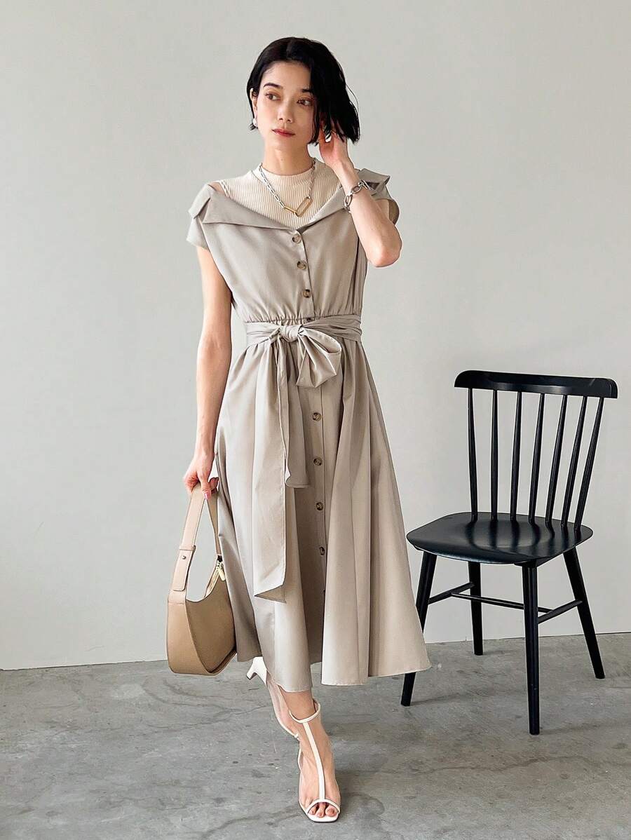 FRIFUL Women Cinched Waist Front Button Waist Cinched Dress Sundress, Casual Women Dresses Dress - Light Grey - View 1