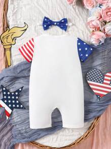 SHEIN Baby Girl US Independence Day Cartoon Printed Short Sleeve Romper And Headband Included