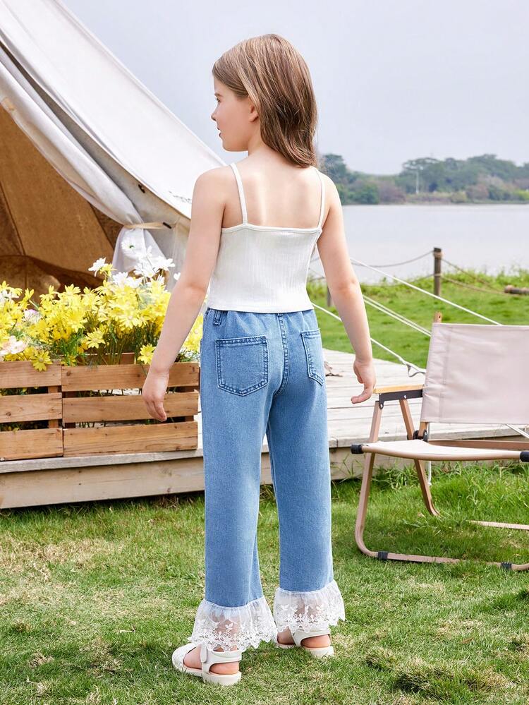 Young Girl Denim Jumpsuit With Lace Patchwork Design