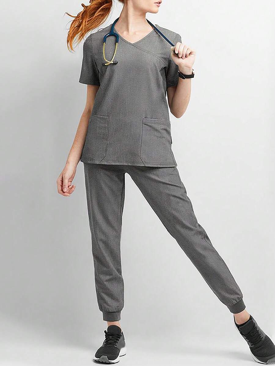 V-Neck Solid Color Patch Pocket Simple Scrub Uniform Set - Grey - View 1