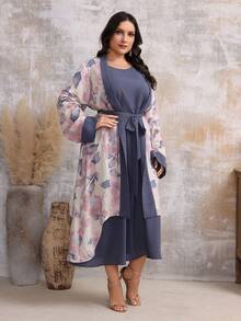 Plus Size Damska elegancka arabska odzież z losową drukowaną dekoracją paska (losowy nadruk)