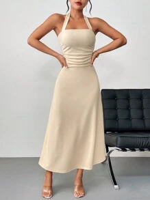 SHEIN Privé Đầm cổ chữ A xếp nếp màu hoa mai nhẹ, thanh lịch và thích hợp để mặc hàng ngày hoặc hẹn hò - Màu be - Xem 1