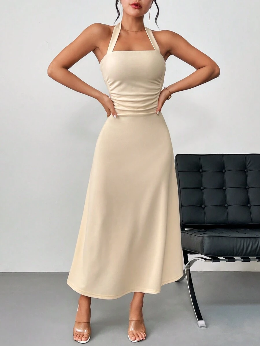 SHEIN Privé Đầm cổ chữ A xếp nếp màu hoa mai nhẹ, thanh lịch và thích hợp để mặc hàng ngày hoặc hẹn hò - Màu be - Xem 1