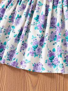 SHEIN Vestido casual de verano con volantes decorativos, estampado floral y botones, para jóvenes - Morado - Ver 5