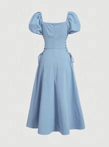 SHEIN MOD 夏季休闲蓝色褶皱泡泡袖腰系带泡泡裙 - 藍色 - 查看 2