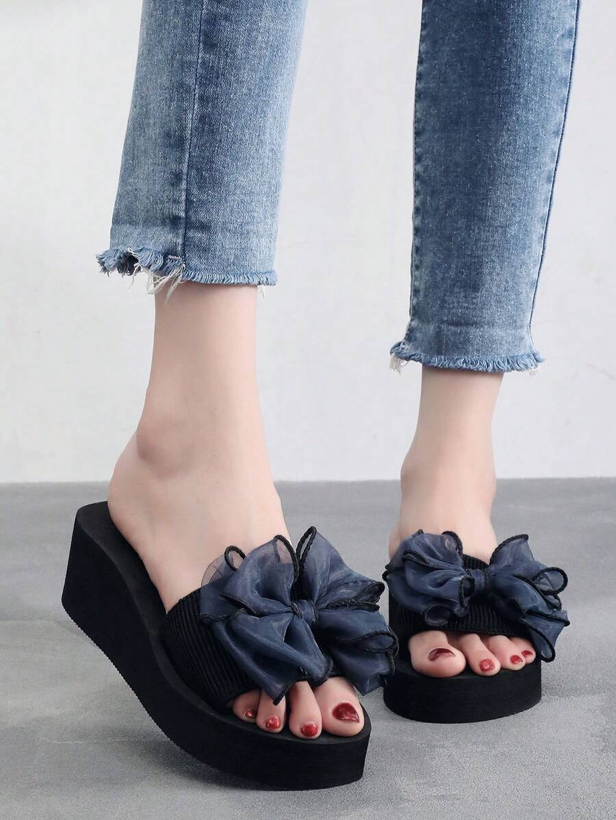 Women's Solid Color Sandals, Bowknot Decor Slip On Platform Beach Slides, Non-Slip Vacation Wedge Slides - Royal Blue - View 1