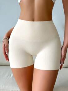 SHEIN Solid Color High Waist Hip Lifting Tummy Control Body Shaping Shorts - White - View 4