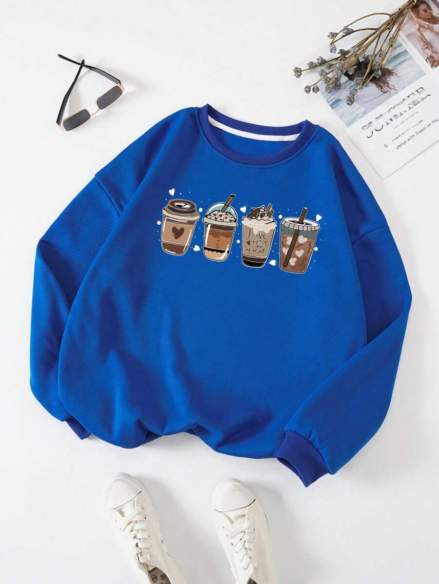 SHEIN EZwear Áo nỉ lót nhiệt in hình đồ uống Plus - Xanh đậm - Xem 1