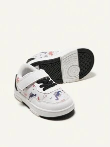 Cozy Pixies Boys' Casual, Fashionable, & Cute Dinosaur Printed Canvas Shoes With Cartoon Style, Anti-Collision Toe Design, Adjustable Hook And Loop And Waterproof Properties