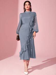 Modelyn 女士立领拼布灯笼袖荷叶边下摆阿拉伯连衣裙 - 霧霾藍 - 查看 5