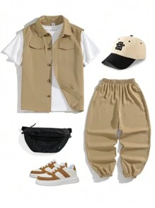 3 buc/Set Tween Boy Tricou lejer casual, Vestă țesătă de culoare solidă, Pantaloni lungi cu manșete