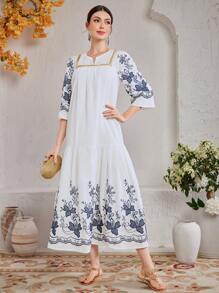 Mulvari Elegante vestido de manga larga para dama con bordado de flores de moda