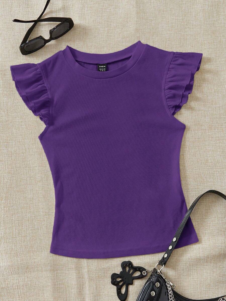 Soleia WYWH Vacation Ruffle Trim Ribbed  Knit Tee - Violet Purple - View 1