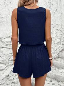 SHEIN LUNE Women Solid Color Sleeveless Summer Casual Top & Shorts Two Pieces Set - Navy Blue - View 2
