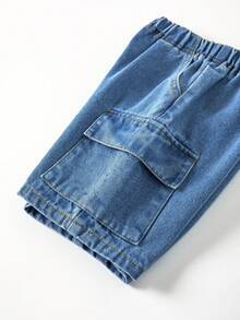 Shorts cargo en jean pour garçon avec poche à rabat et taille élastique pour l'été - Jean brut - Voir 3
