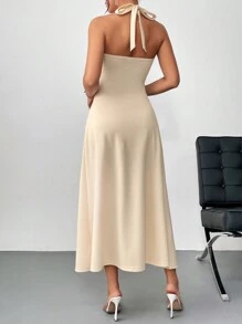 SHEIN Privé Đầm cổ chữ A xếp nếp màu hoa mai nhẹ, thanh lịch và thích hợp để mặc hàng ngày hoặc hẹn hò - Màu be - Xem 7