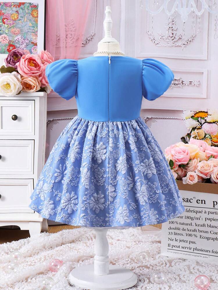 Young Girl Shiny Butterfly Print Round Neck Party Dress With Bow Decoration For Summer