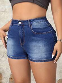 SHEIN ICON Plus Size Women Skull & Wing Embroidery Tight Denim Shorts - Blue - View 3