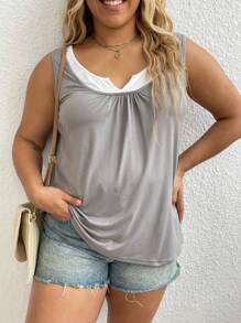 Calvaya Plus Size Summer Casual Color Block Pleated Loose Basic Tank Top