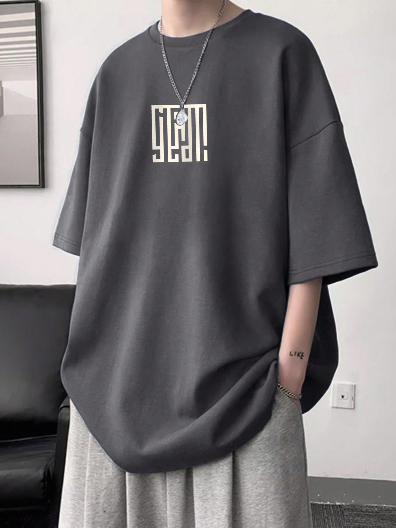 Men's Graphic Drop Shoulder Loose Short Sleeve T-Shirt, Casual Summer