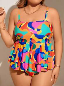 SHEIN Swim Curve Summer Beach Plus Size Color Block Spaghetti Strap Ruffle Hem Sleeveless Tankini - Multicolor - View 6